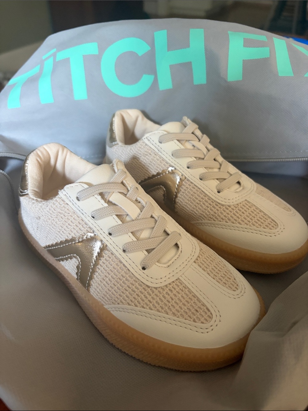 Kids Cream Mesh Sneakers with Metallic Gold Accent